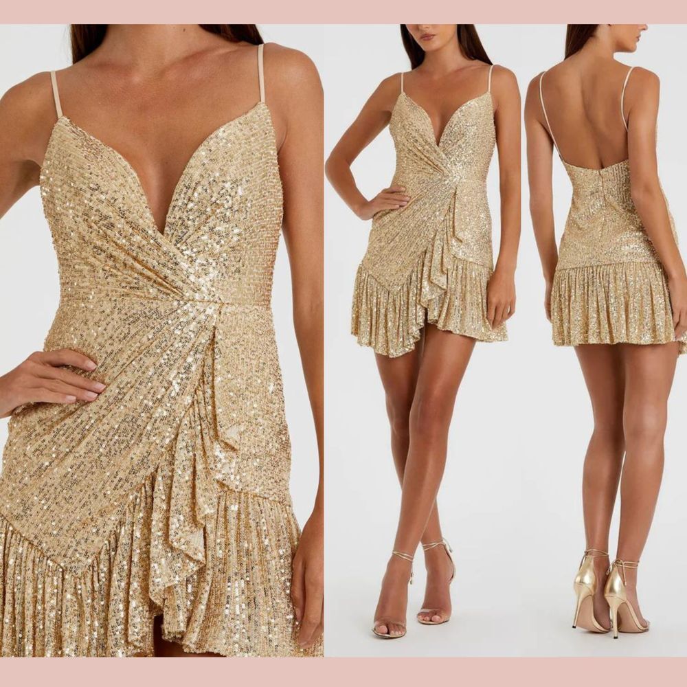 NEW IEENA Mac Duggal [ 12 ] 11290‎ Sequined Faux Wrap Ruffled Hem Mini Dress